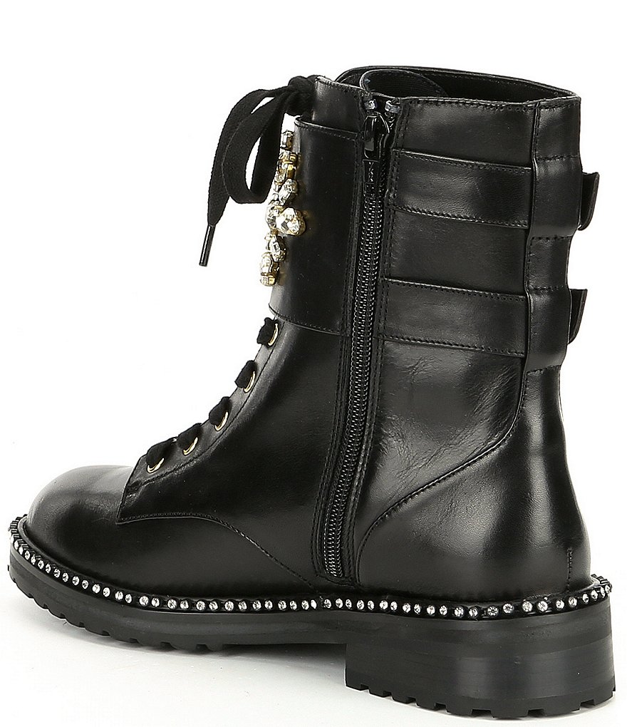 Kurt Geiger London Stoop Brooch & Buckle Embellished Leather Combat Boots