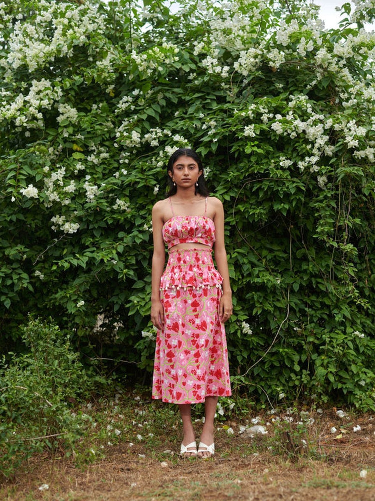 Khajoor Studio Pink Sundaze Le Blush Fleur Midi Smocked Skirt