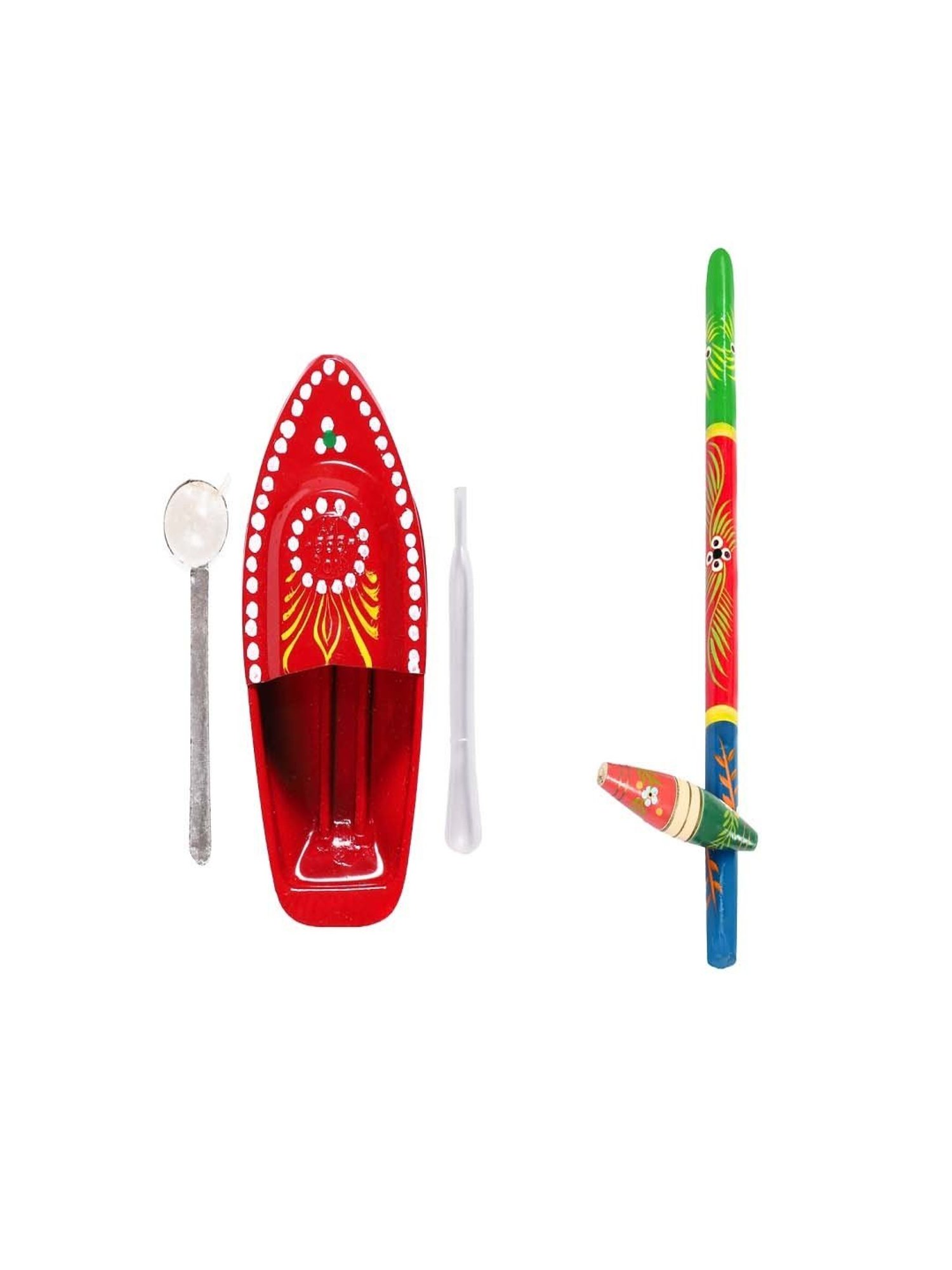 Desi Toys Kids Multicolor Wooden Steam Boat & Gilli Danda Set