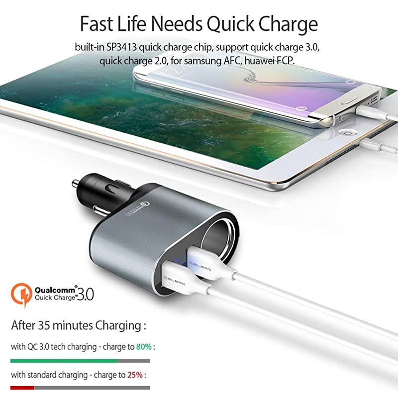 Car Charger Adapter, 60W Cigarette Lighter Socket Splitter, Dual USB Quick Charge 3.0 and 2.4A USB, Voltage Display for iPhone,iPad,Smart Phone,Andriod,Samsung,Dash Cam,GPS (12V-24V)