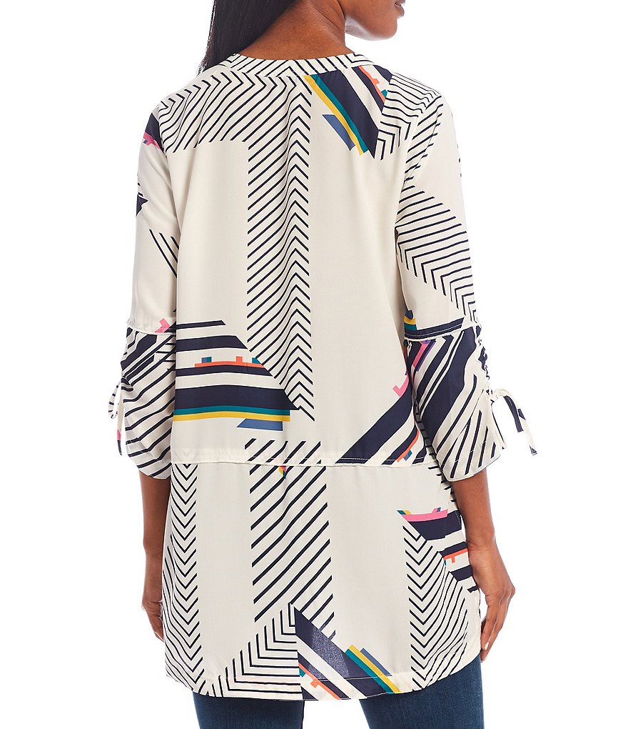 John Mark Split Neck Banded Collar Shirred Sleeve Tunic