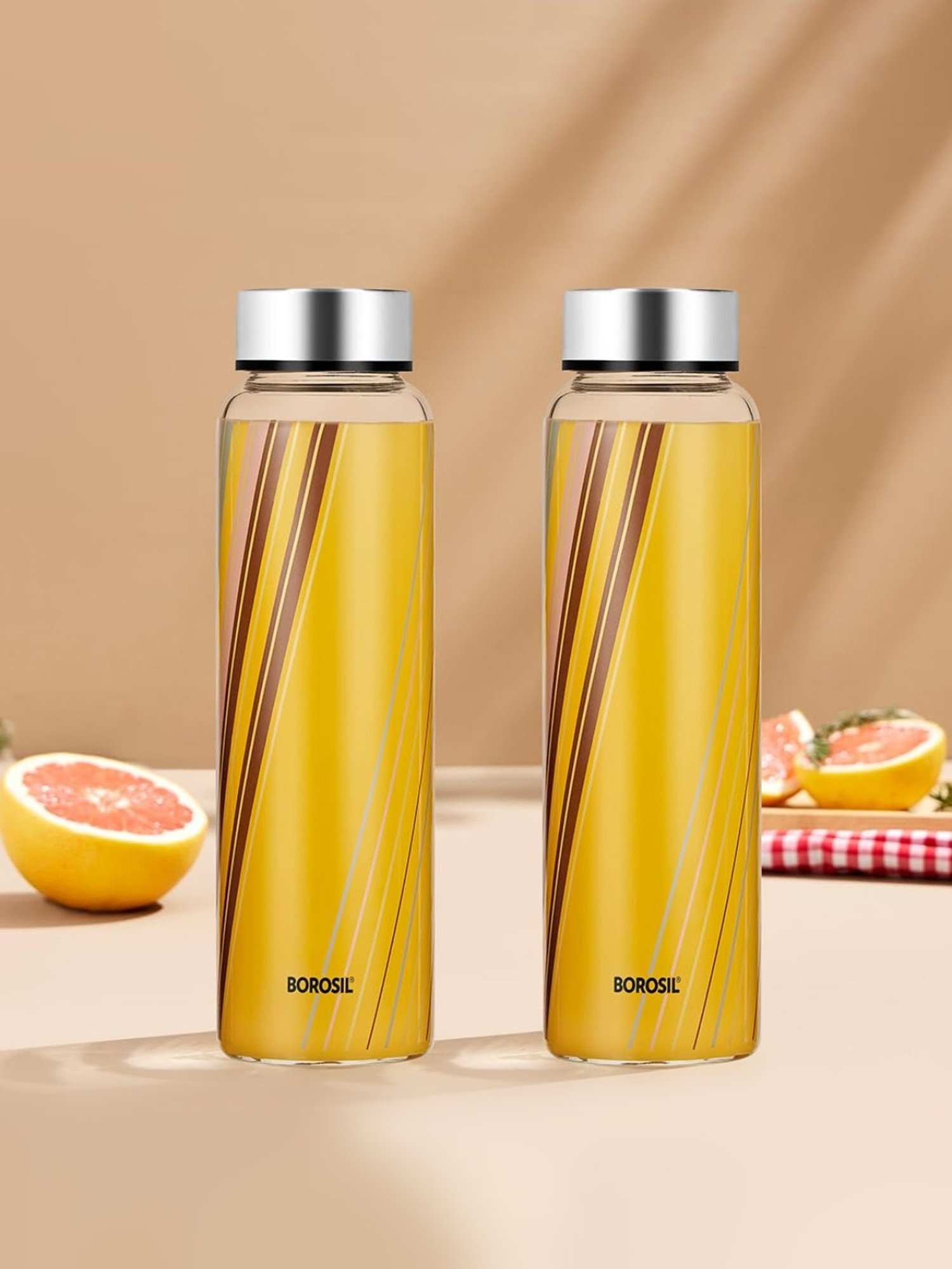 Borosil Water Bottle with Fridge Safe & Leakproof Set of 2 (Transparent, 1000 ml)