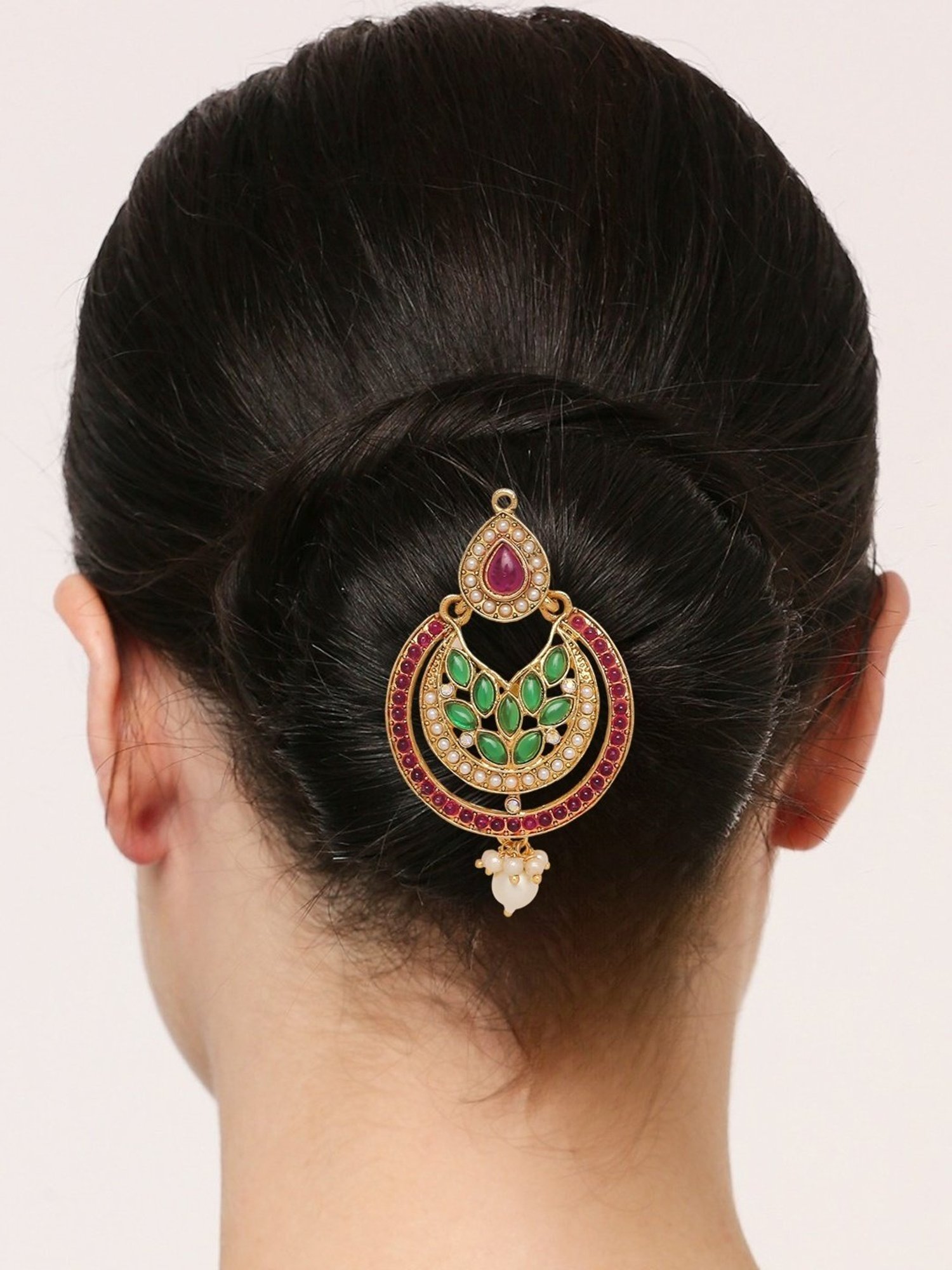 OOMPH Maroon & Green Kemp Stones Ethnic Chandbali Style Hair Bun Pin Juda Pin