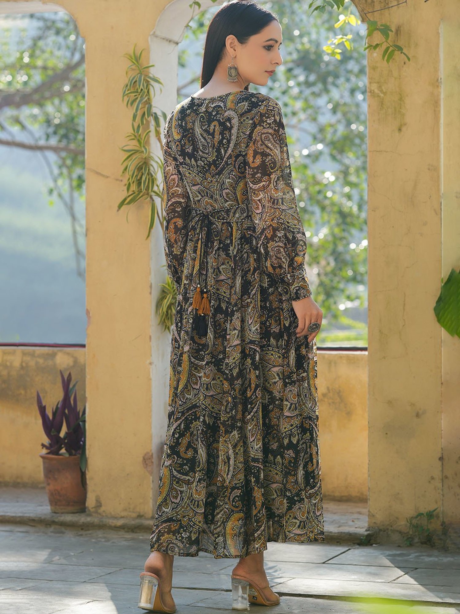 Juniper Black Paisley Printed Chiffon Flared Maxi Dress With Buttons