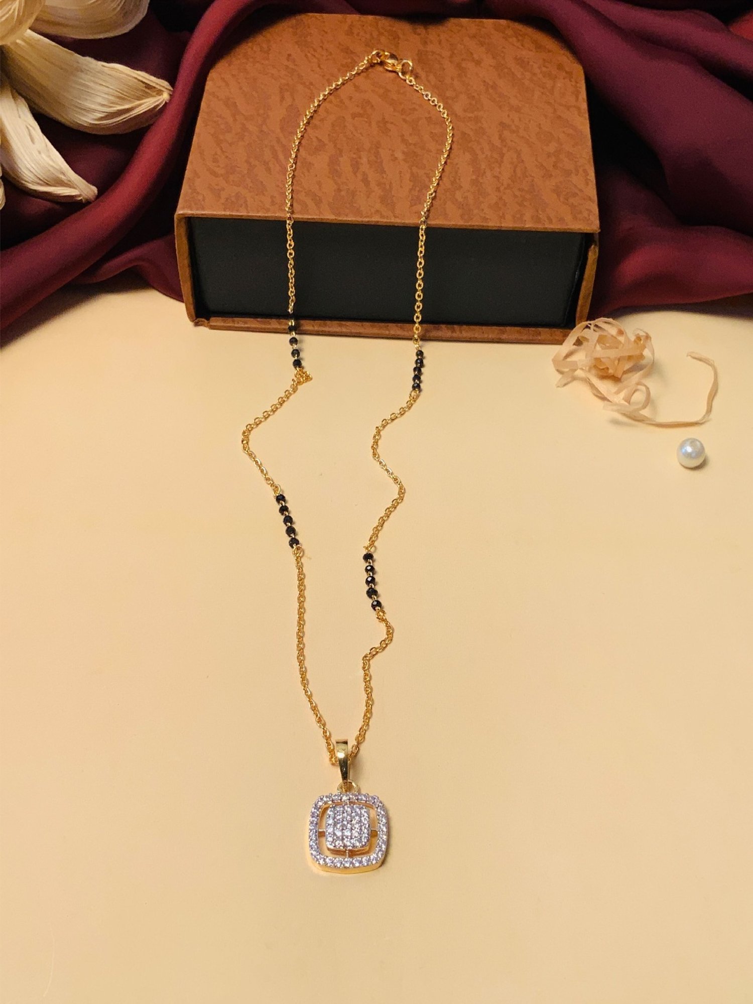 Abdesigns Gold-Plated American Diamond & Black Beaded Mangalsutra