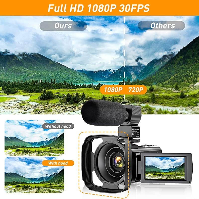 Camera Camcorder YouTube Vlogging Camera Recorder FHD 1080P 24.0MP 3.0 Inch 270 Degree Rotation Screen 16X Digital Zoom Camcorder with Microphone,Remote Control,Lens Hood and 2 Batteries