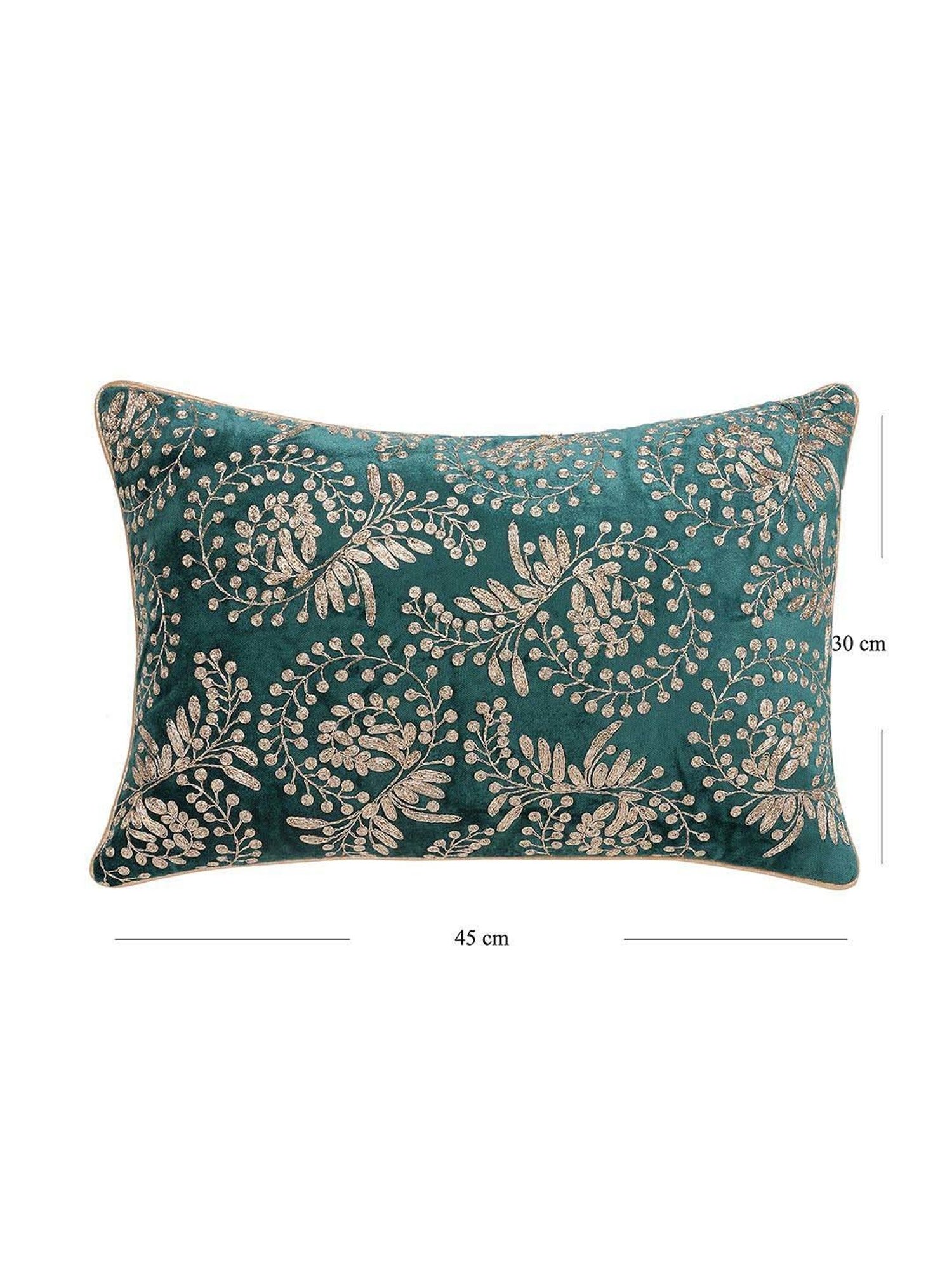 Pure Home and Living Teal Velvet Zari Embroidered Rectangular Cushion Cover