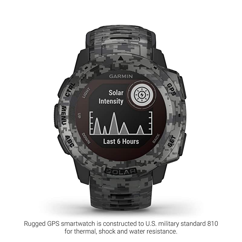 Instinct Solar, Solar-Powered Rugged Outdoor Smartwatch, Built-in Sports Apps and Health Monitoring, Graphite Camo