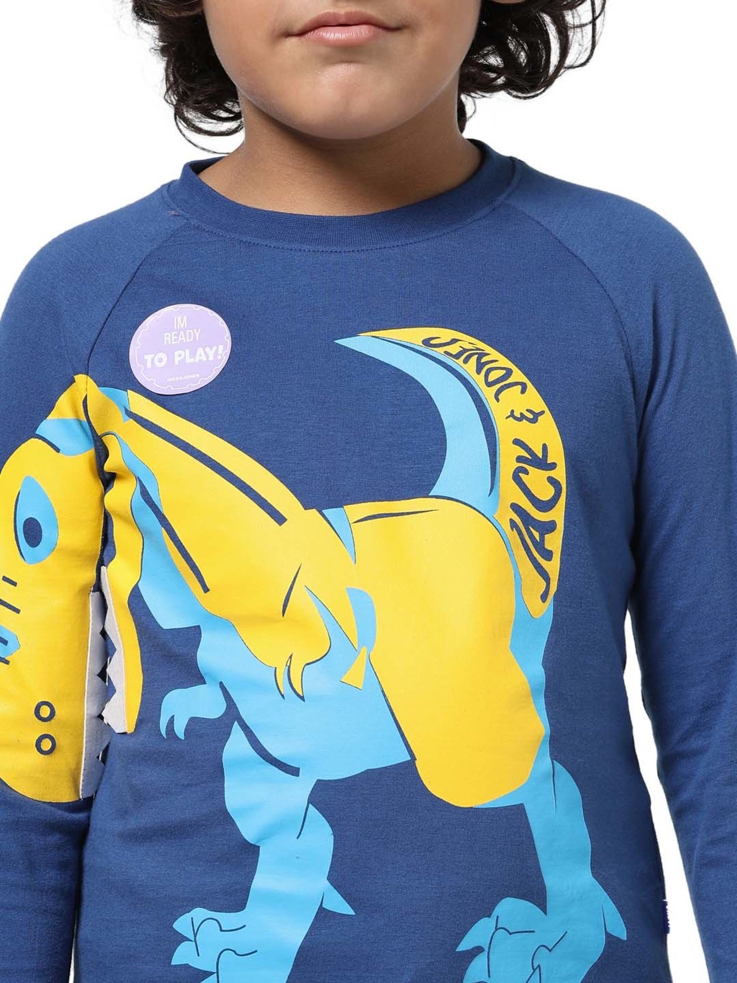 Jack & Jones Junior Blue & Yellow Cotton Printed Full Sleeves T-Shirt