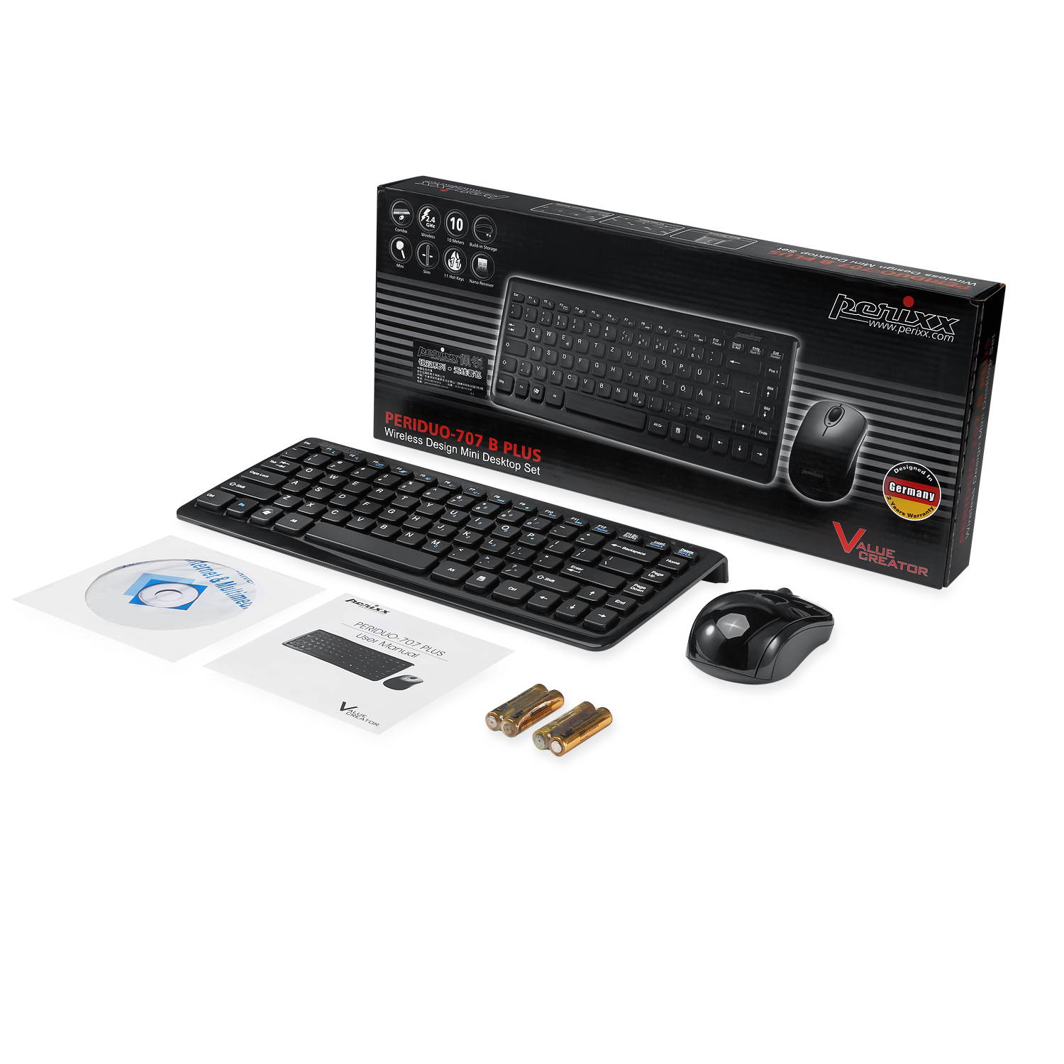 Perixx PERIDUO-712 Wireless Mini Keyboard and Mouse Set, Portable Compact Size 13 Multimedia Hot Keys Keyboard and 1000 DPI Optical Mouse Combo, Black, US Layout