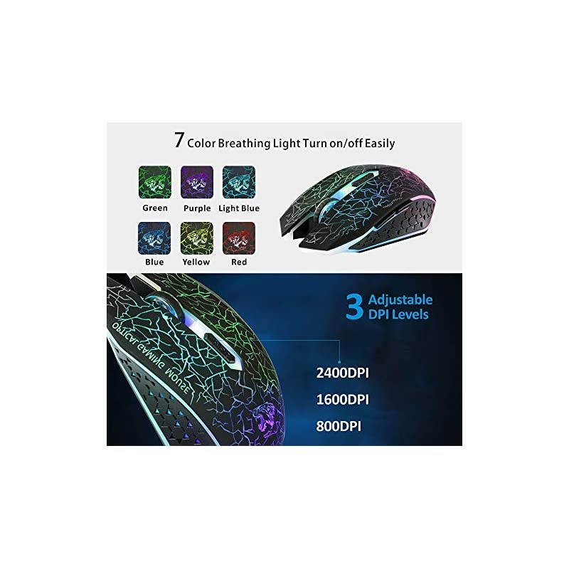 M2 Wireless Gaming Mouse Silent Rechargeable Optical USB Computer Mice Wireless with 7 Color LED Light Ergonomic Design 3 Adjustable DPI Compatible with LaptopPCNotebook 6 Buttons Black