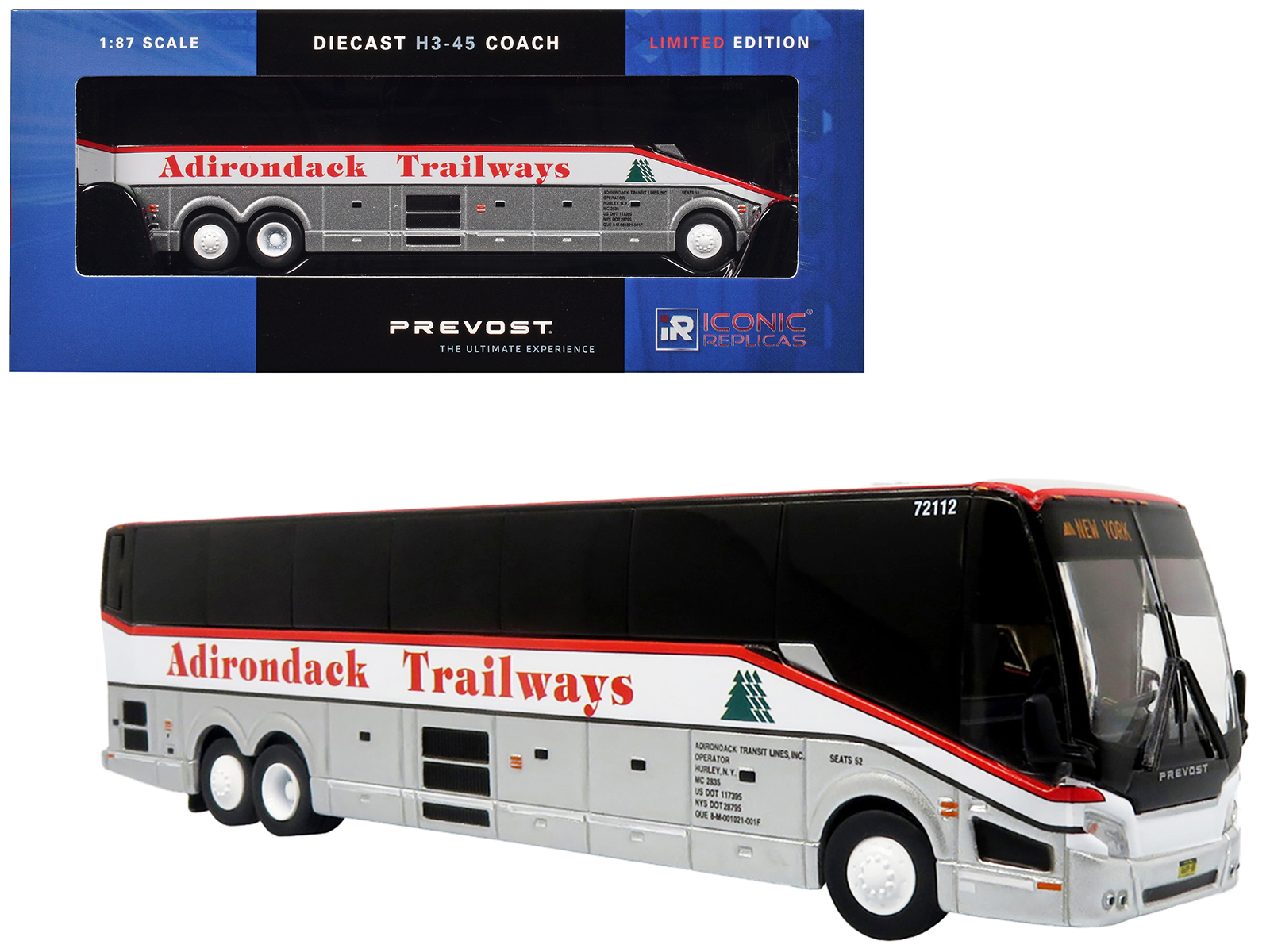 Prevost H3-45 Coach Bus "Adirondack Trailways" Silver Metallic and White with Red Stripes Limited Edition 1/87 (HO) Diecast Model by Iconic Replicas