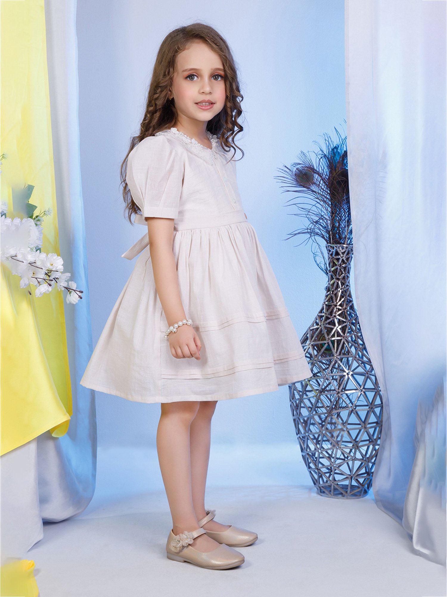 Peppermint Kids Beige Solid Dress