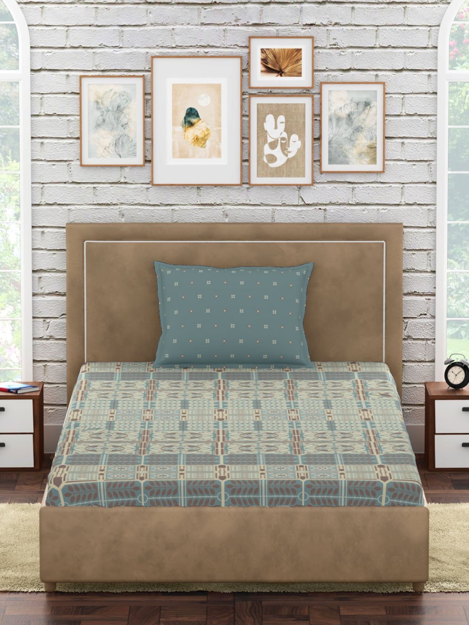 Petal Home Strasbourg Floral Blue 300 TC Cotton Single Bed Sheet with 1 Pillow Cover