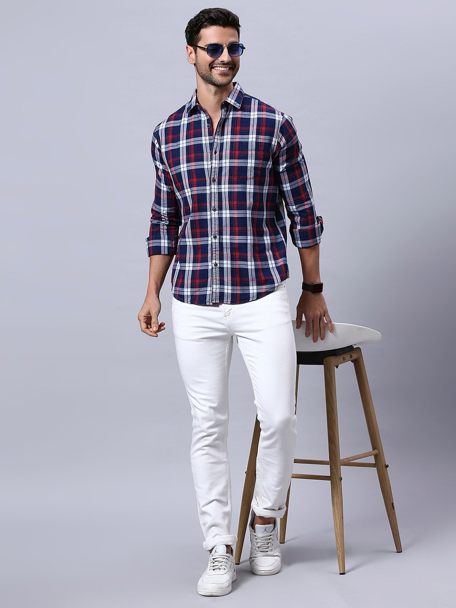 HJ HASASI Blue Slim Fit Check Cotton Shirt