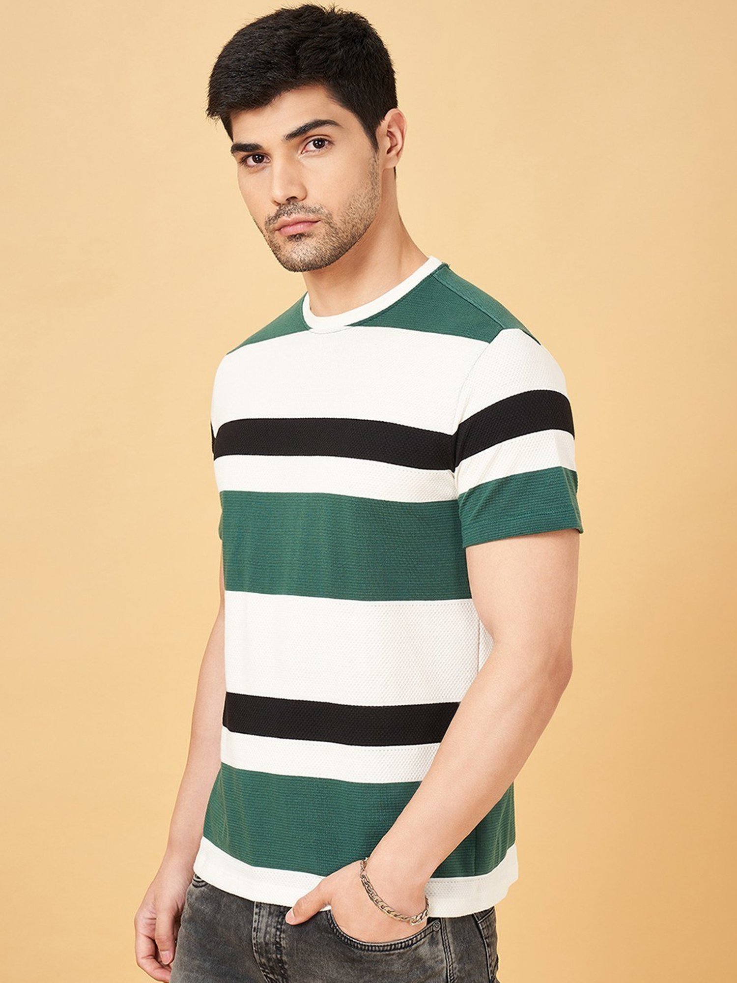 Sf Jeans By Pantaloons Green Slim Fit Striped T-Shirt