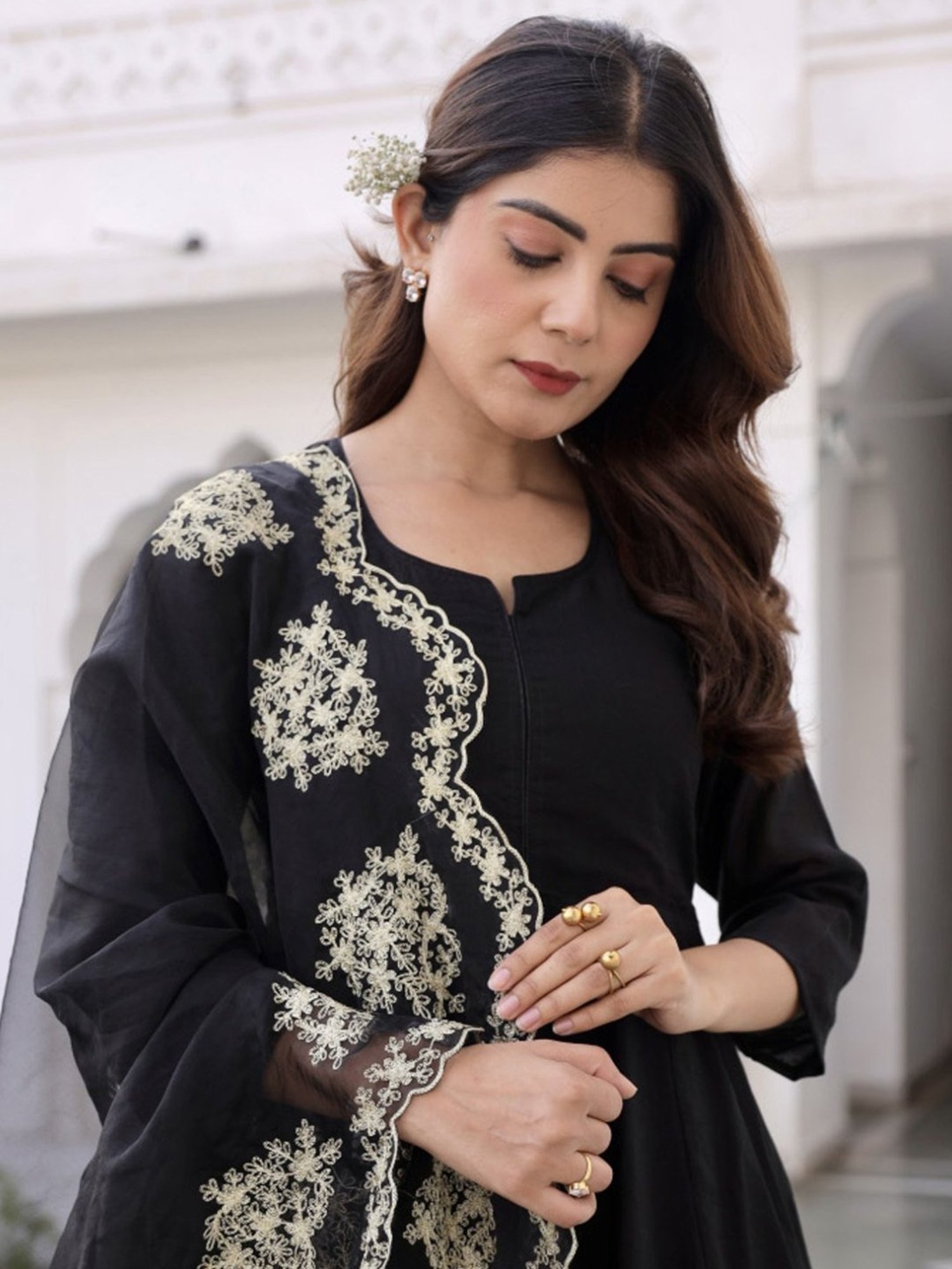 Asrumo Black Sukoon Summer Three Anarkali Kurta with Palazzo and Zari Work Organza Dupatta Set