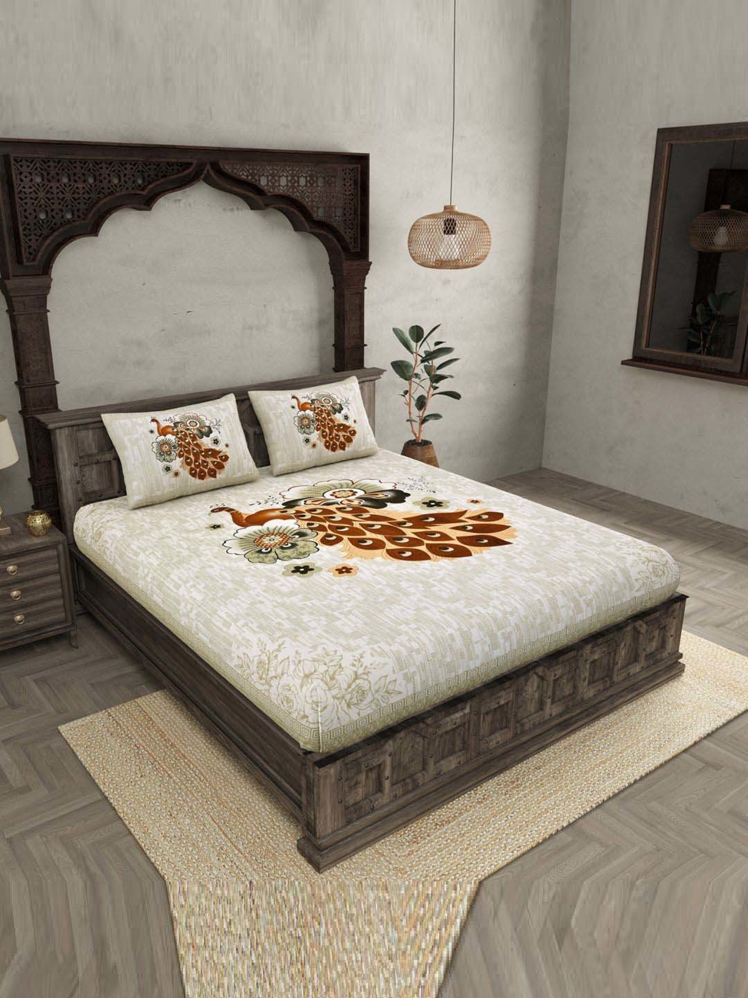 JaipurFabric Grey & Brown 180 TC 100% Cotton Peacock Double Bedsheet with 2 Pillow Covers