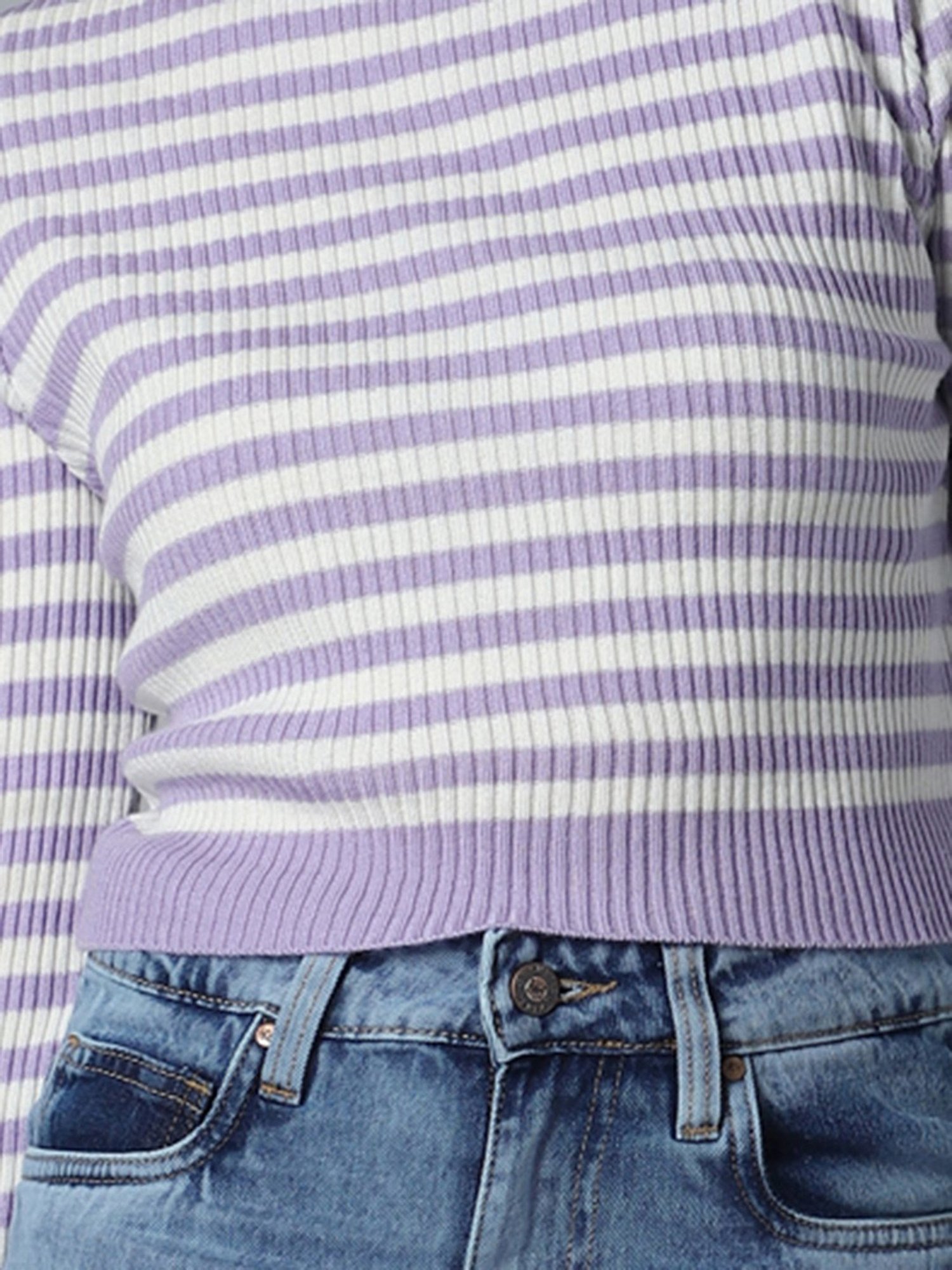High Star White & Lavender Striped Sweater