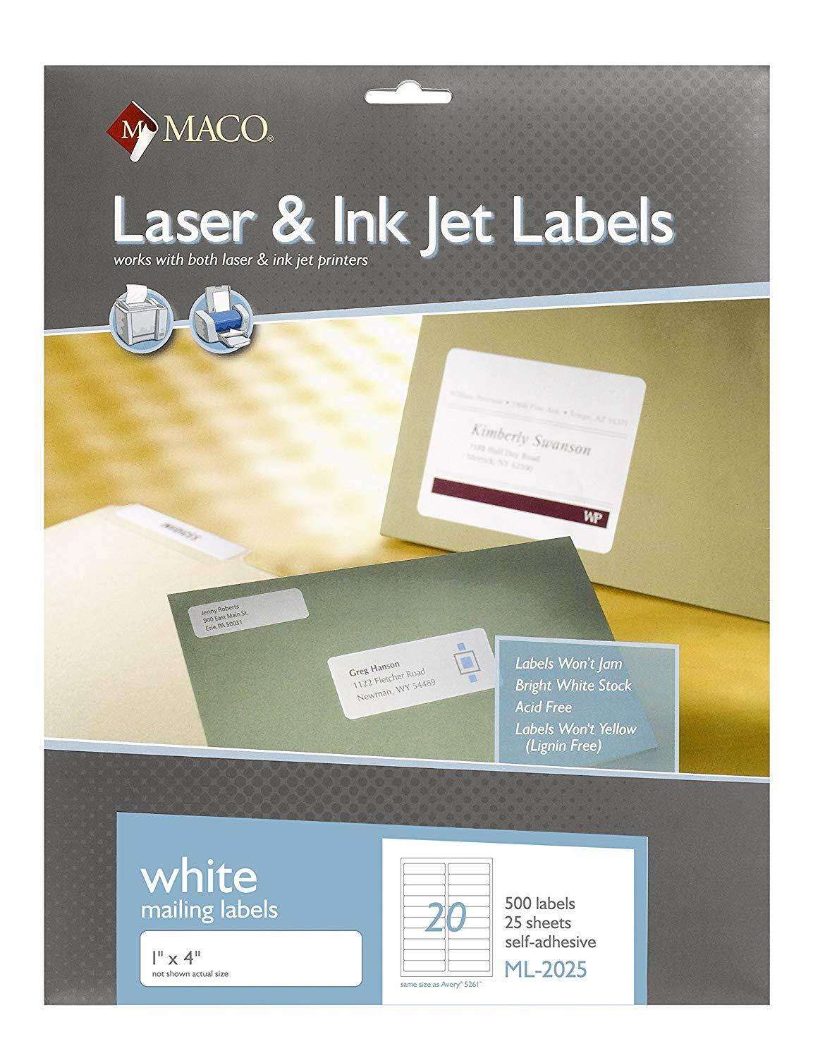 MACO Laser/Ink Jet White Address Labels, 1 x 4 Inches, 20 Per Sheet, 500 Per Pack (ML-2025)