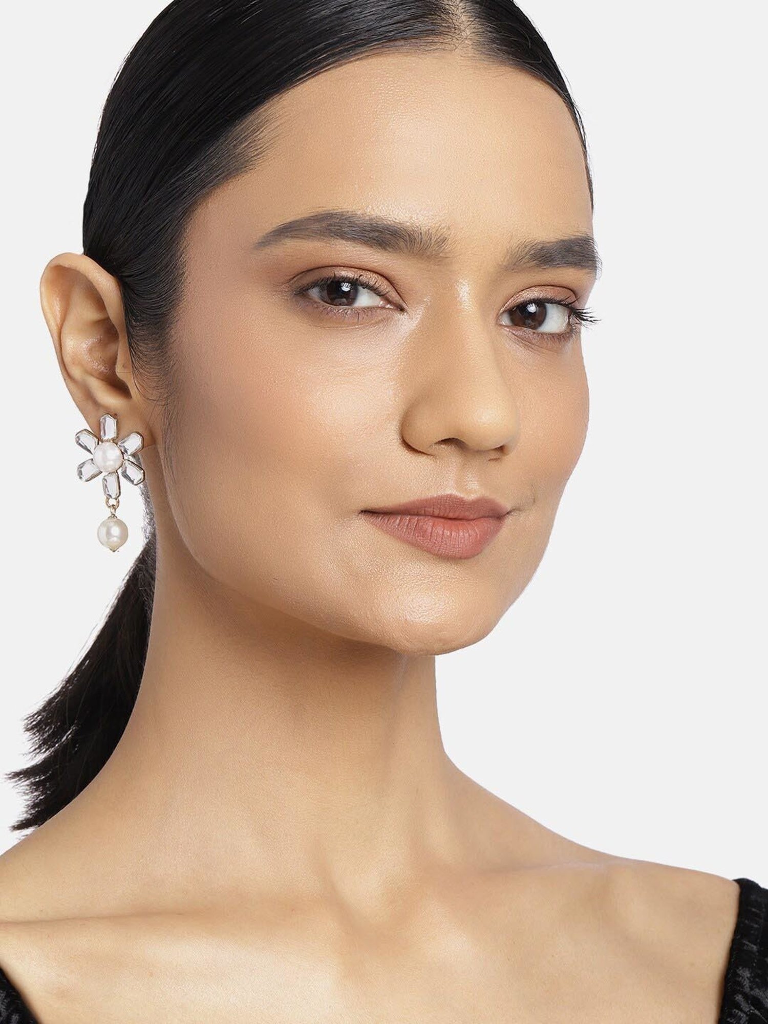 Estele Gold-Plated Floral Designer Pearl Drop Earrings with Kundan for Women