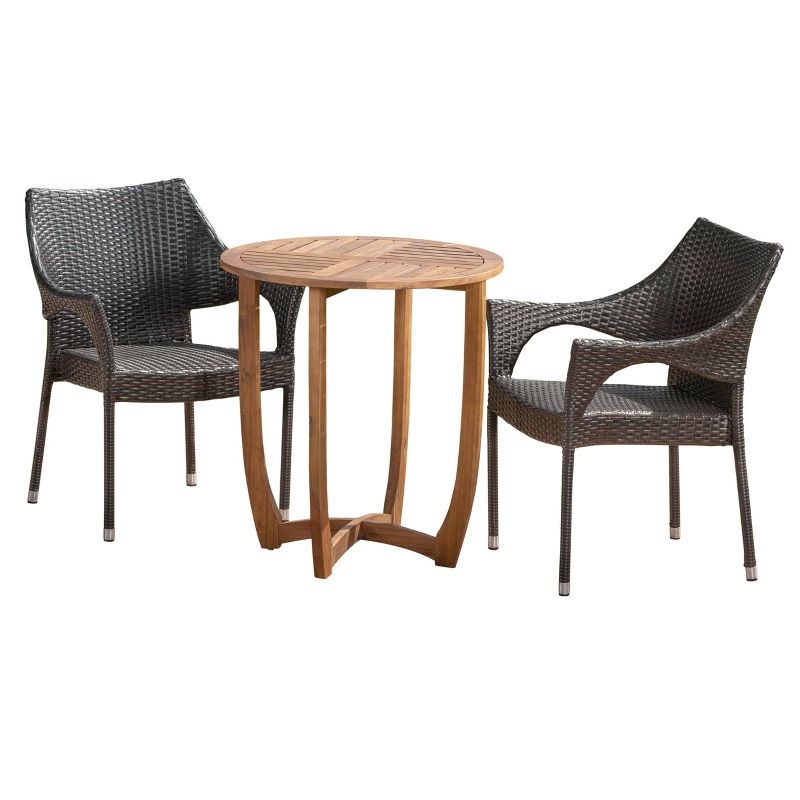Clement 3pc Acacia and Wicker Bistro Set - Teak/Brown - Christopher Knight Home