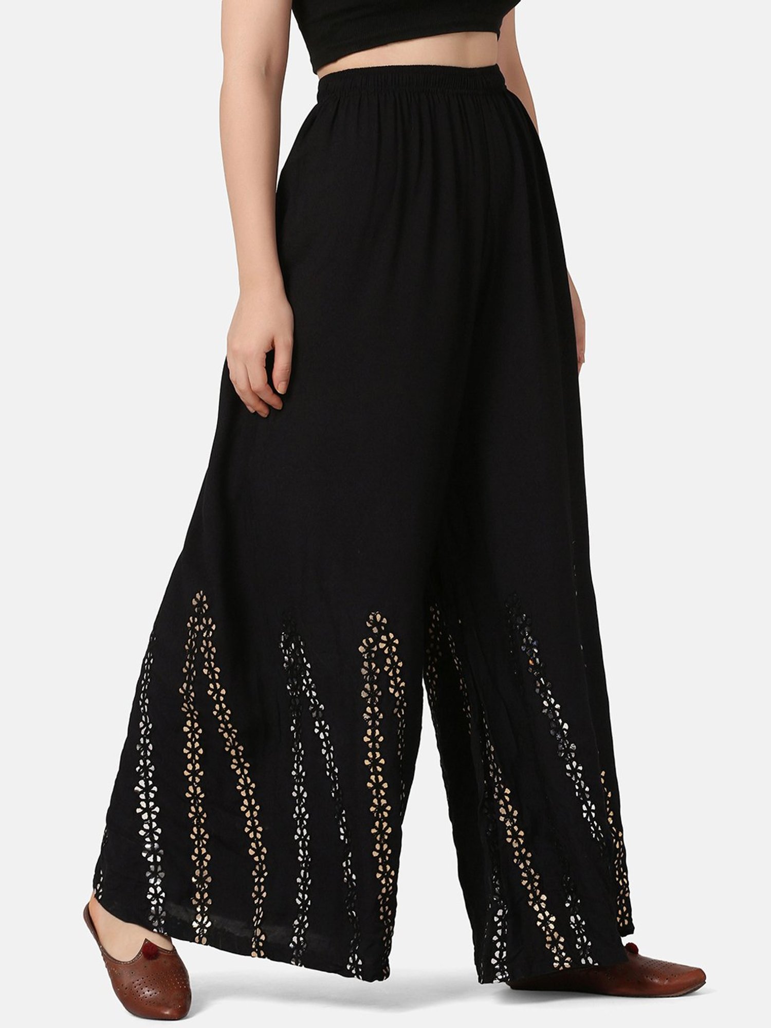 BUYNEWTREND Black Embroidered Palazzos