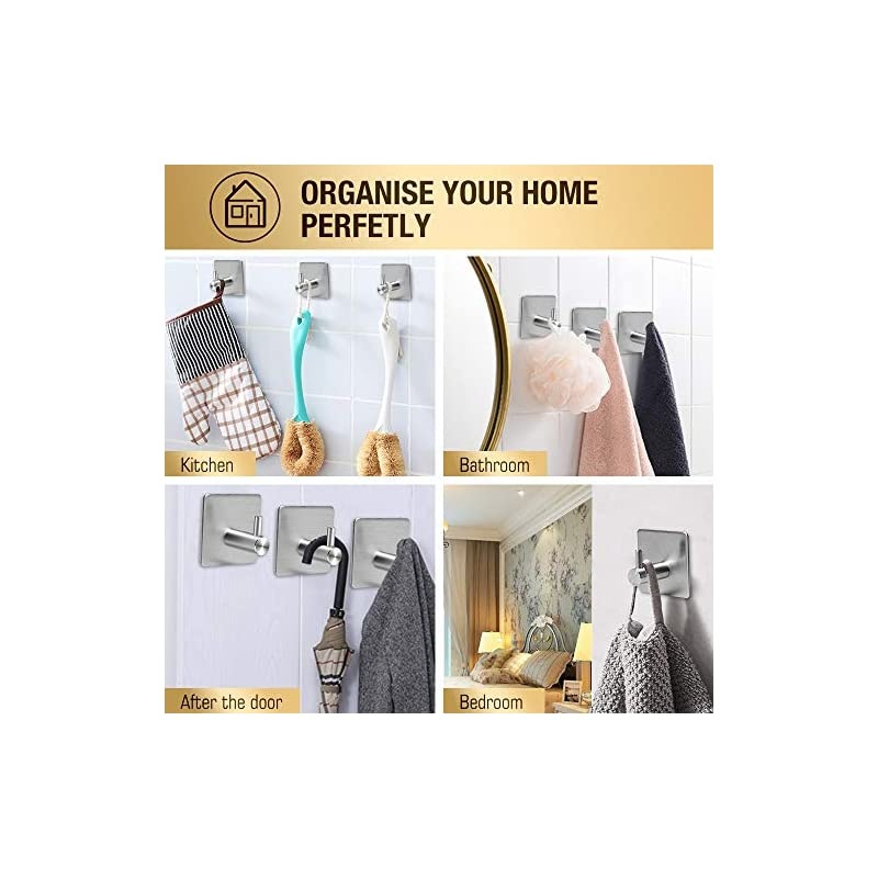 Adhesive Hooks,  [4 Pack] Heavy Duty Durable 304 Stainless Steel Wall Hangers, Waterproof Rustproof Oil Proof for Kitchen, Bathrooms, Doors, Office, Closet-Silver