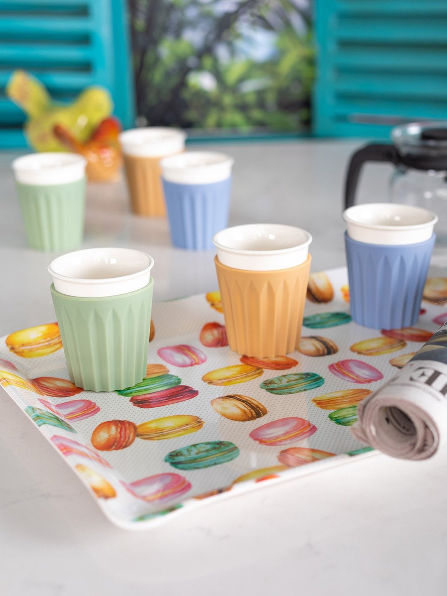 Goodhomes Multicolor Melamine Coffee Mug (130 ml) with Tray - Set of 7