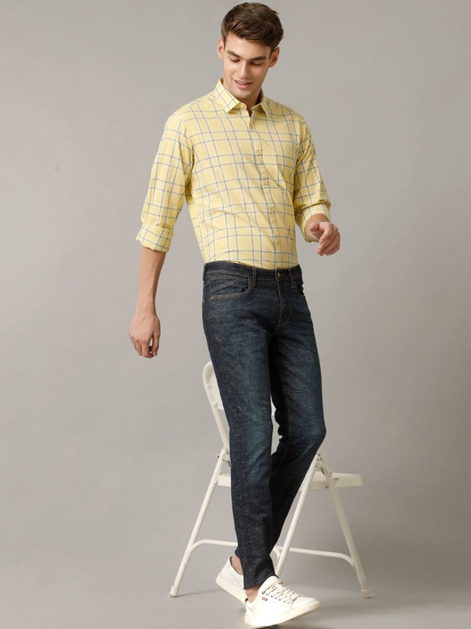 Cavallo By Linen Club Yellow Linen Contemporary Fit Checks Shirt