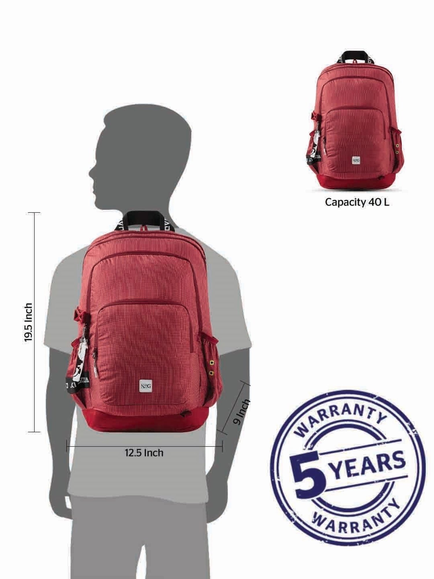 Wiki Back to School Squad 4 Red Polyester Checks Backpack - 40 Ltrs