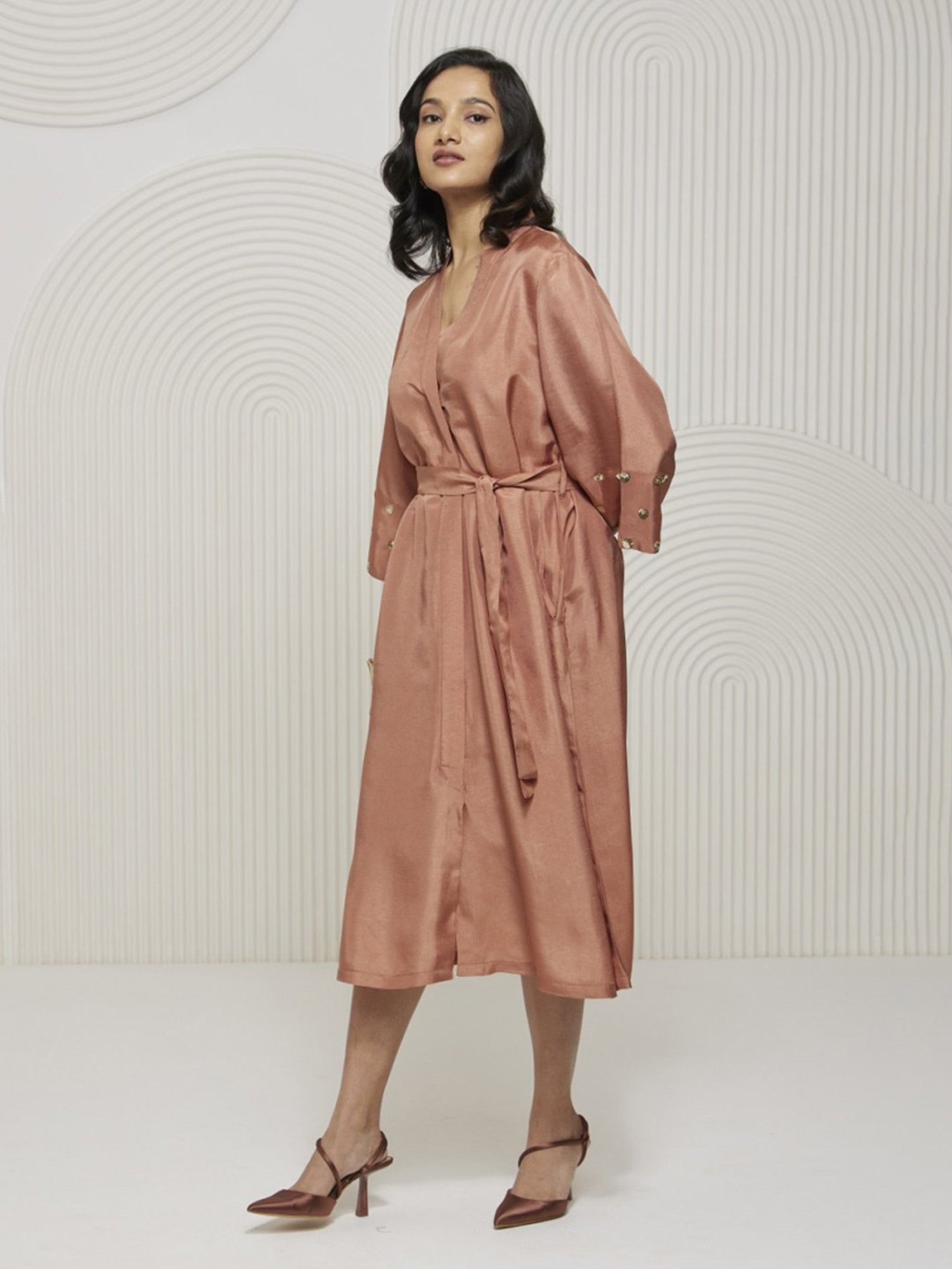 Artagai Salmon Pink Romancing Aari Shirt Dress With Tie-Up And Embellished Sleeve