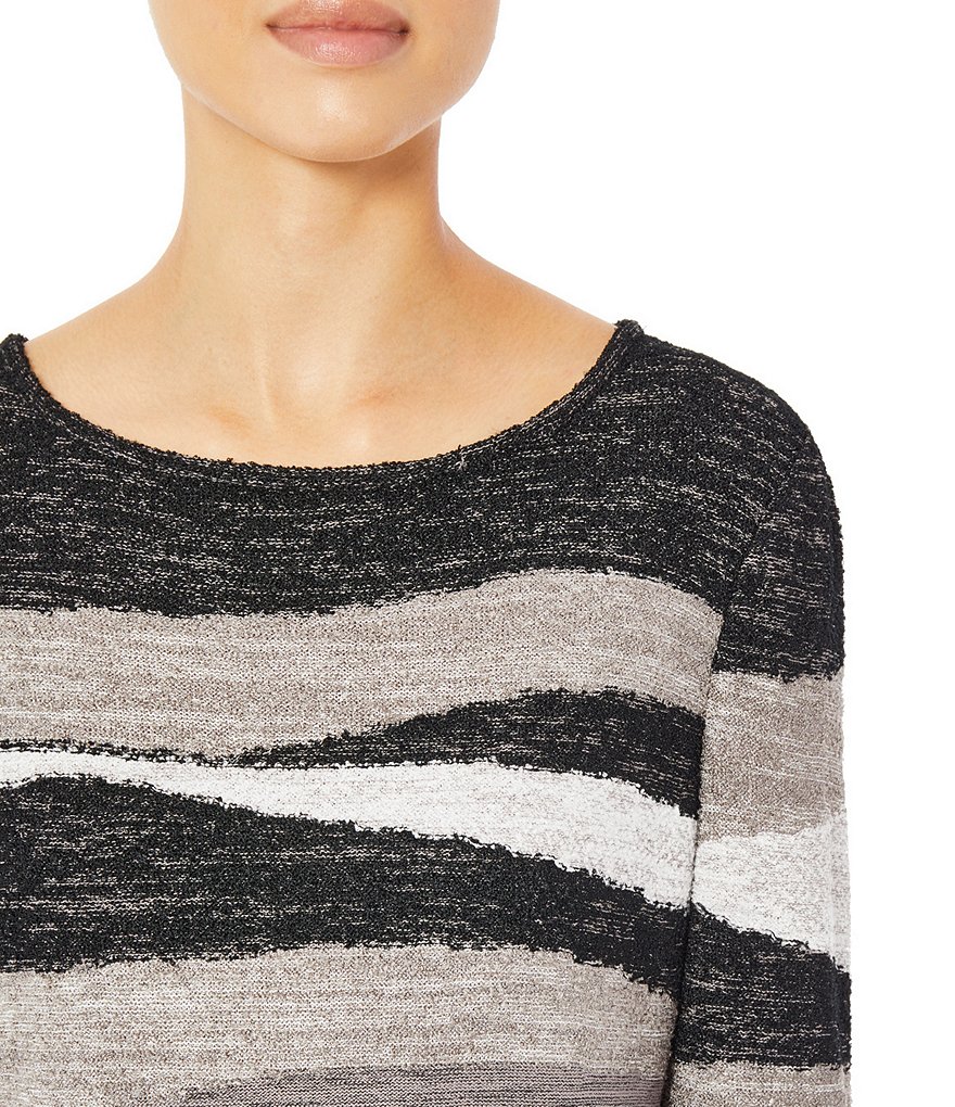 Ming Wang Abstract Stripe Long Sleeve Round Neck Melange Knit Tunic