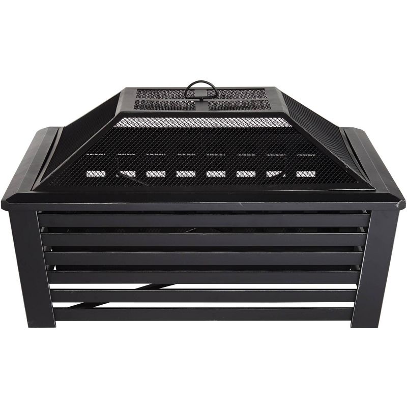 John Timberland Black Outdoor Fire Pit Square 35" Steel Metal Mesh Wood Burning with Spark Screen and Fire Poker for Outside Backyard Patio Camping