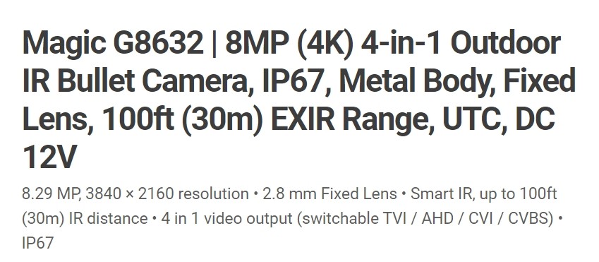 Eyemax Magic series TIR-G8632 HD-TVI 8MP UHD 4K Outdoor Bullet IR Camera, 2.8mm, 12V DC