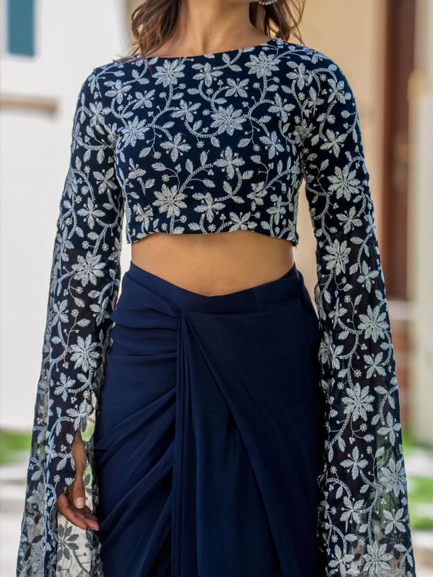 HOUSE OF JAMOTI Navy Embroidered Crop Top Skirt Set