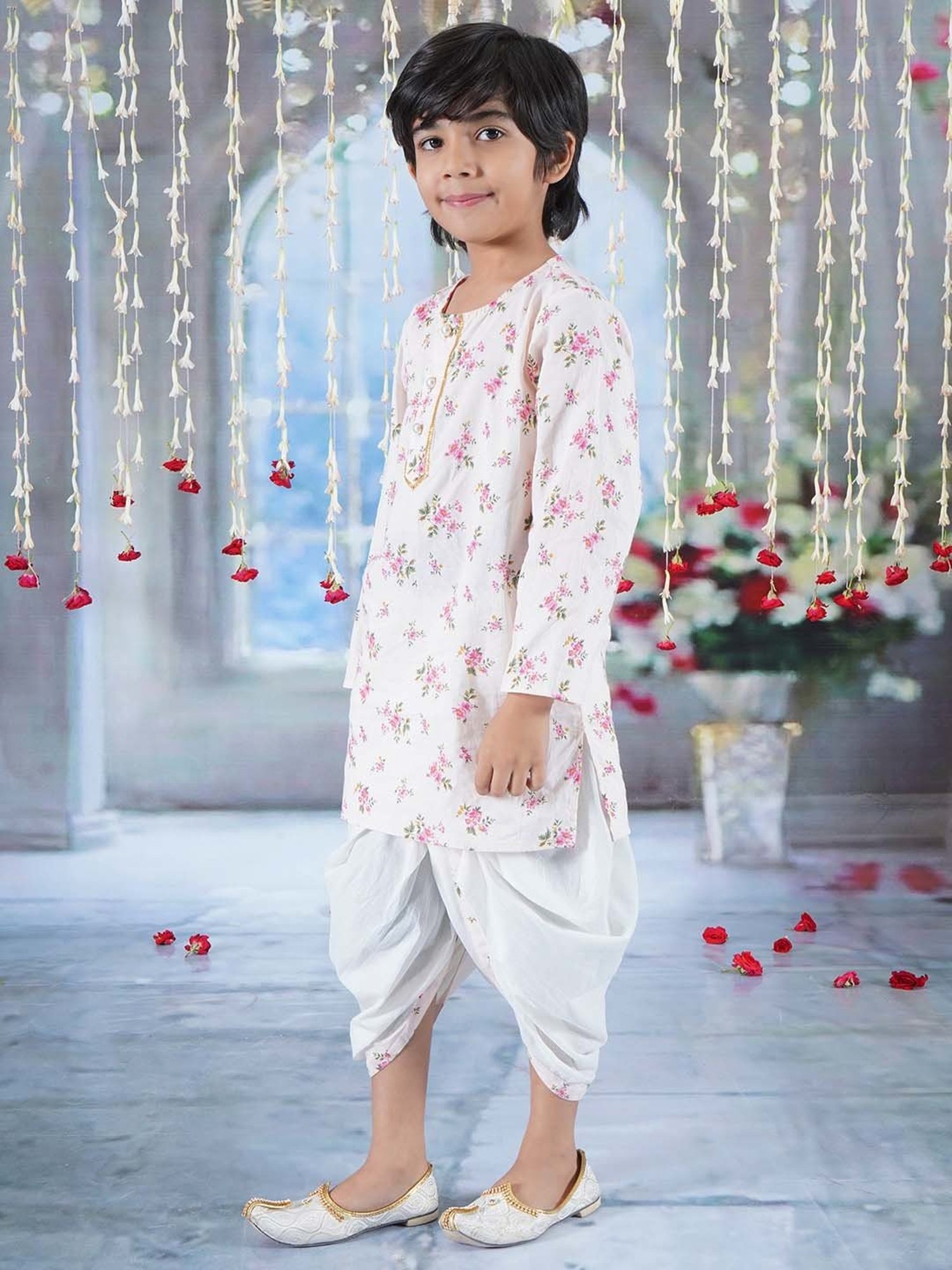 Little Bansi Pink & White Cotton Floral Print Full Sleeves Kurta Set