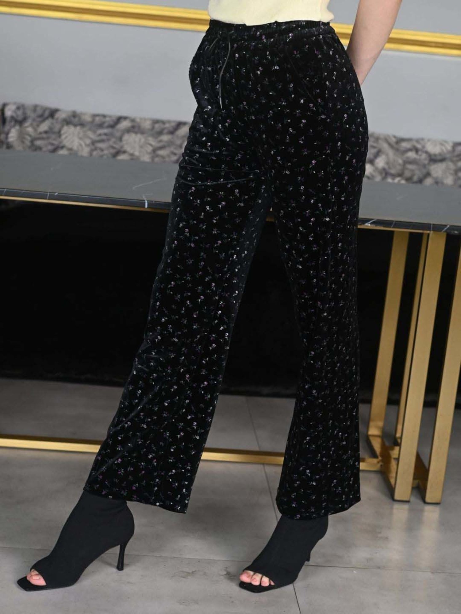 Odette Black Printed Flared Pants