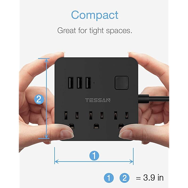 Strip with 3 USB 3 Outlet, Desktop Charging Station 5 ft Flat Plug Extension Cord, Small and Portable for Cruise Ship, Dorm Room, Black