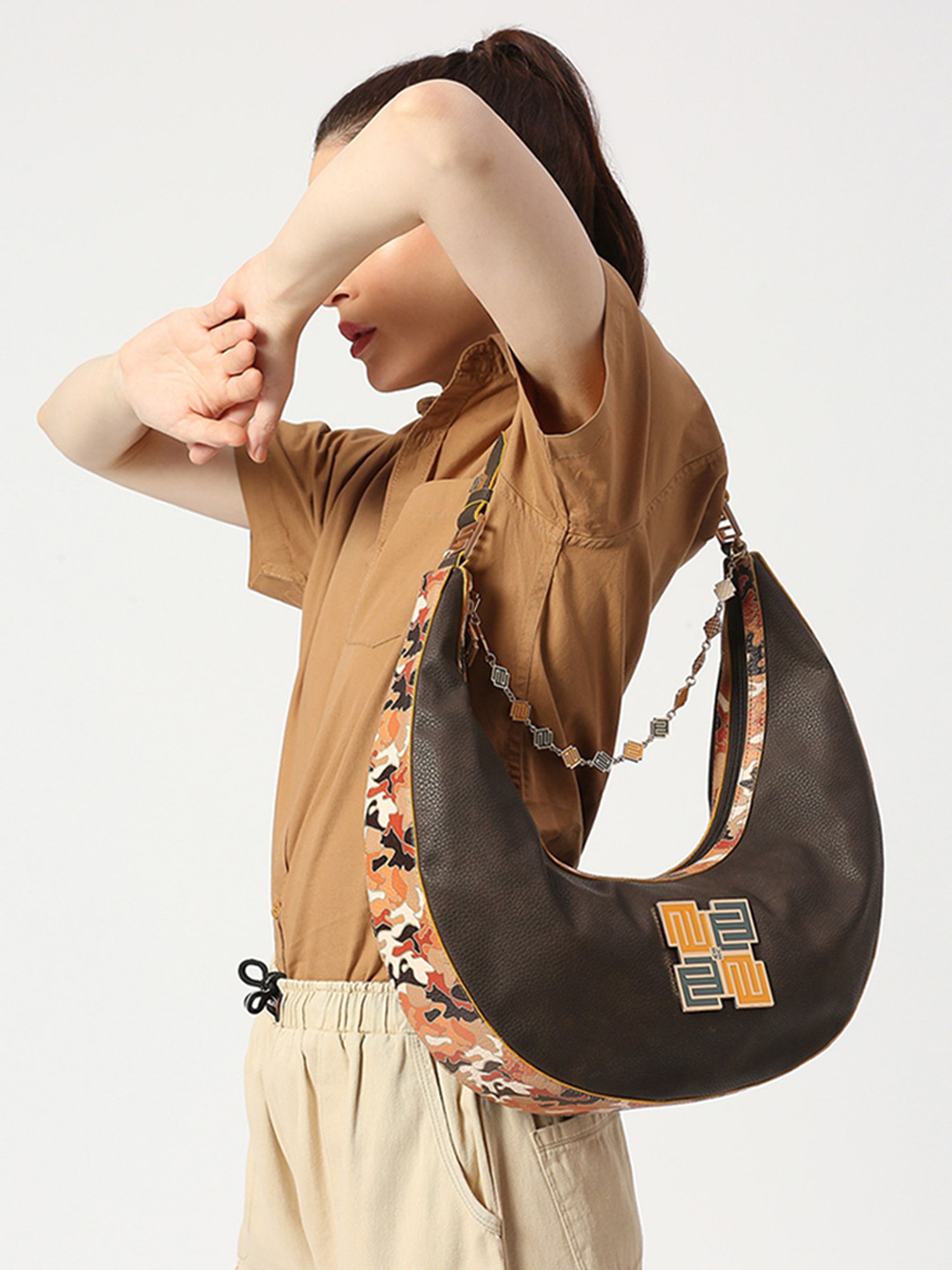 Eume Cinnamon Choco Brown Camo Vegan Leather Hobo Shoulder Bag