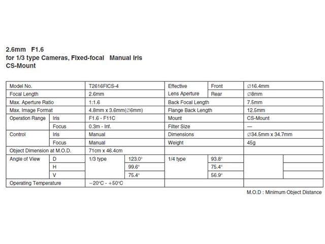 Computar Ganz High Quality CCTV Camera Lens T2616FICS 1/3" 2.6mm f1.6 Monofocal, Manual Iris (CS Mount)