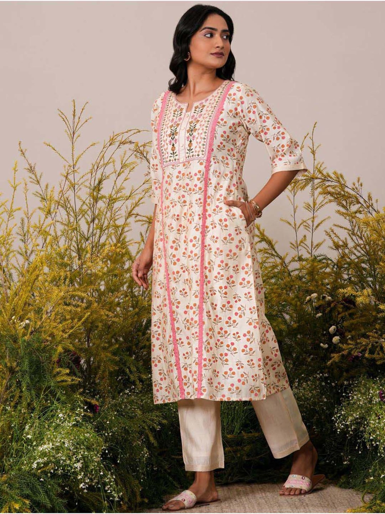 Libas Beige Printed Kurta Pant Set