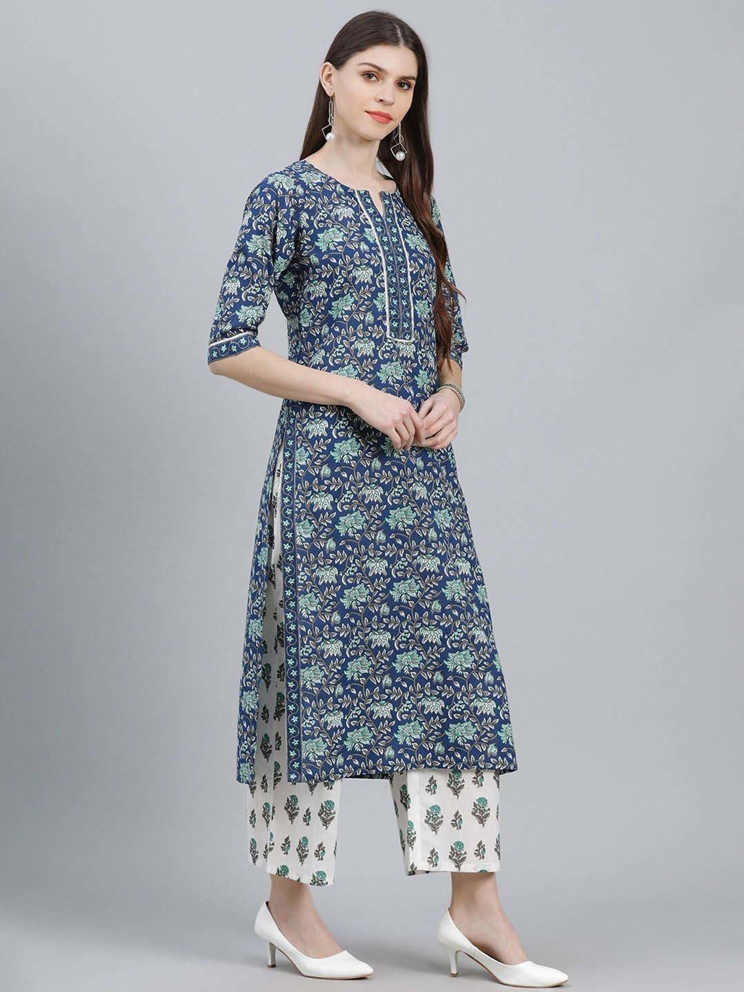 Libas Blue & White Cotton Printed Kurta Palazzo Set With Dupatta