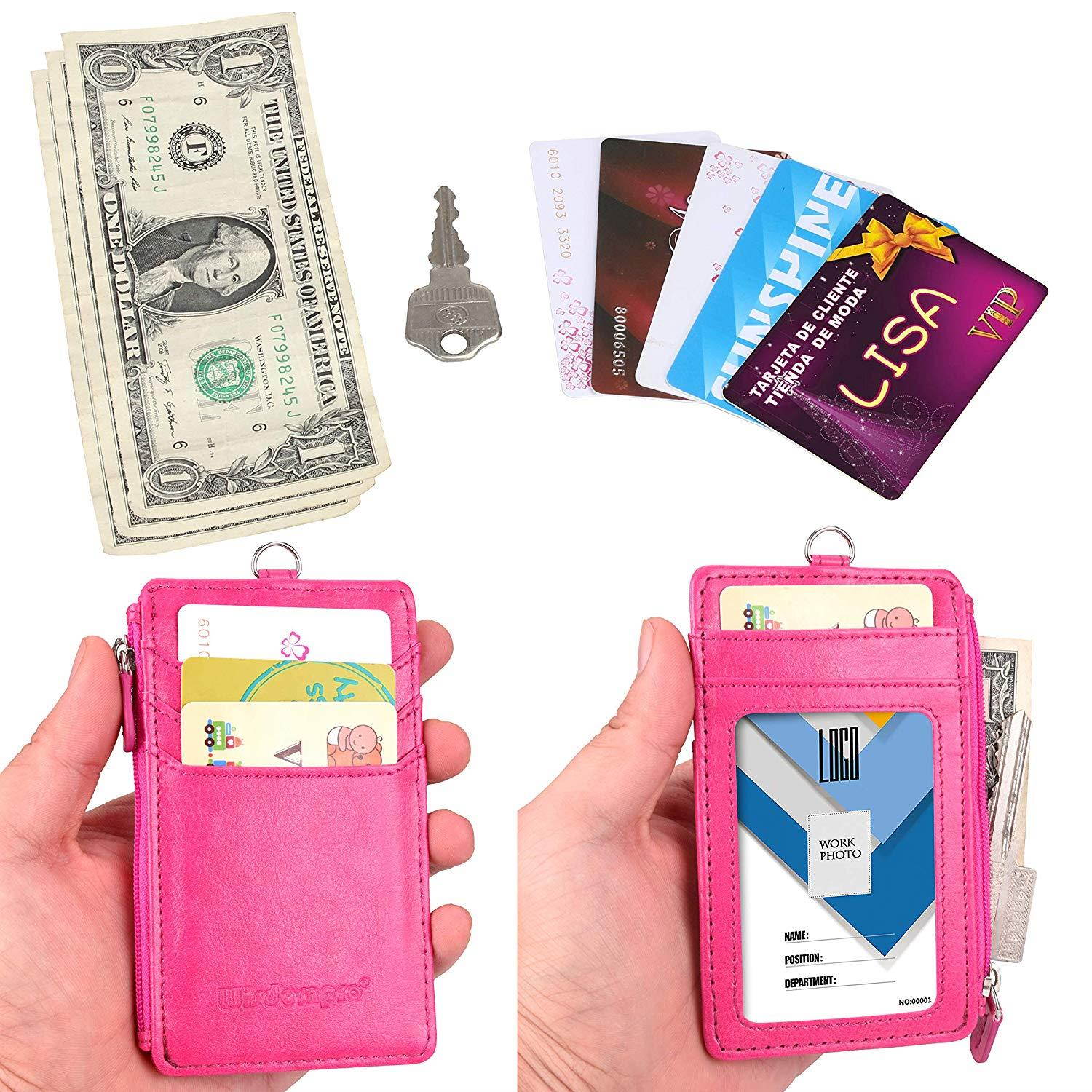Badge Holder with Zip, Wisdompro Double Sided PU Leather ID Badge Card Holder Wallet Case with 5 Card Slots, 1 Side Zipper Pocket and 20" PU Neck Lanyard/Strap - Hot Pink (Vertical)
