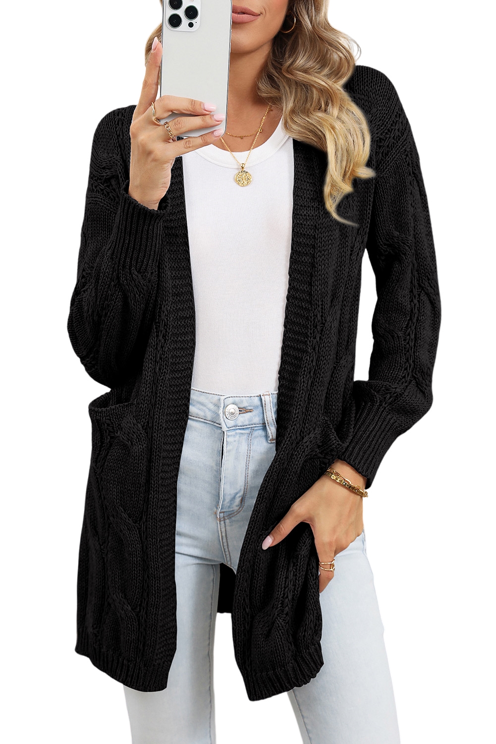 Black Ribbed Trim Hollow Knit Side Slits Cardigan
