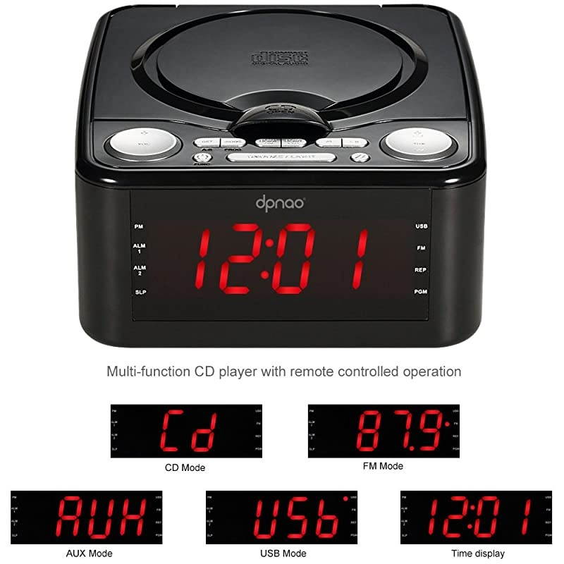 YW-010 CD Player Clock FM Radio with USB Port (Black)