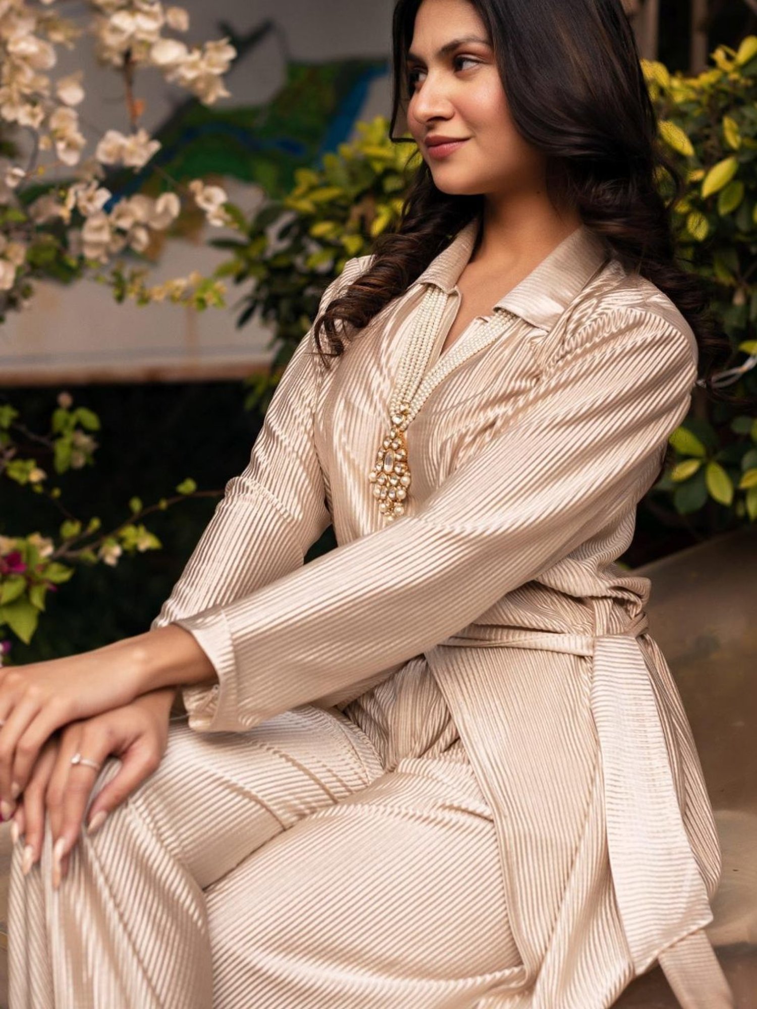 Calmna Metallic Golden Pleated Silk Tunic with Pant Co-ord Set