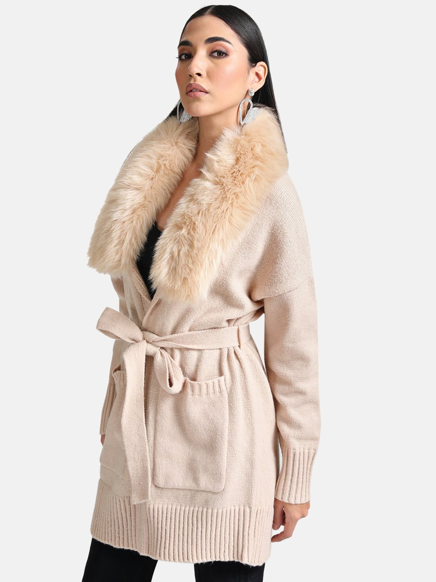 Kazo Belted Cape With Detachable Fur Collar