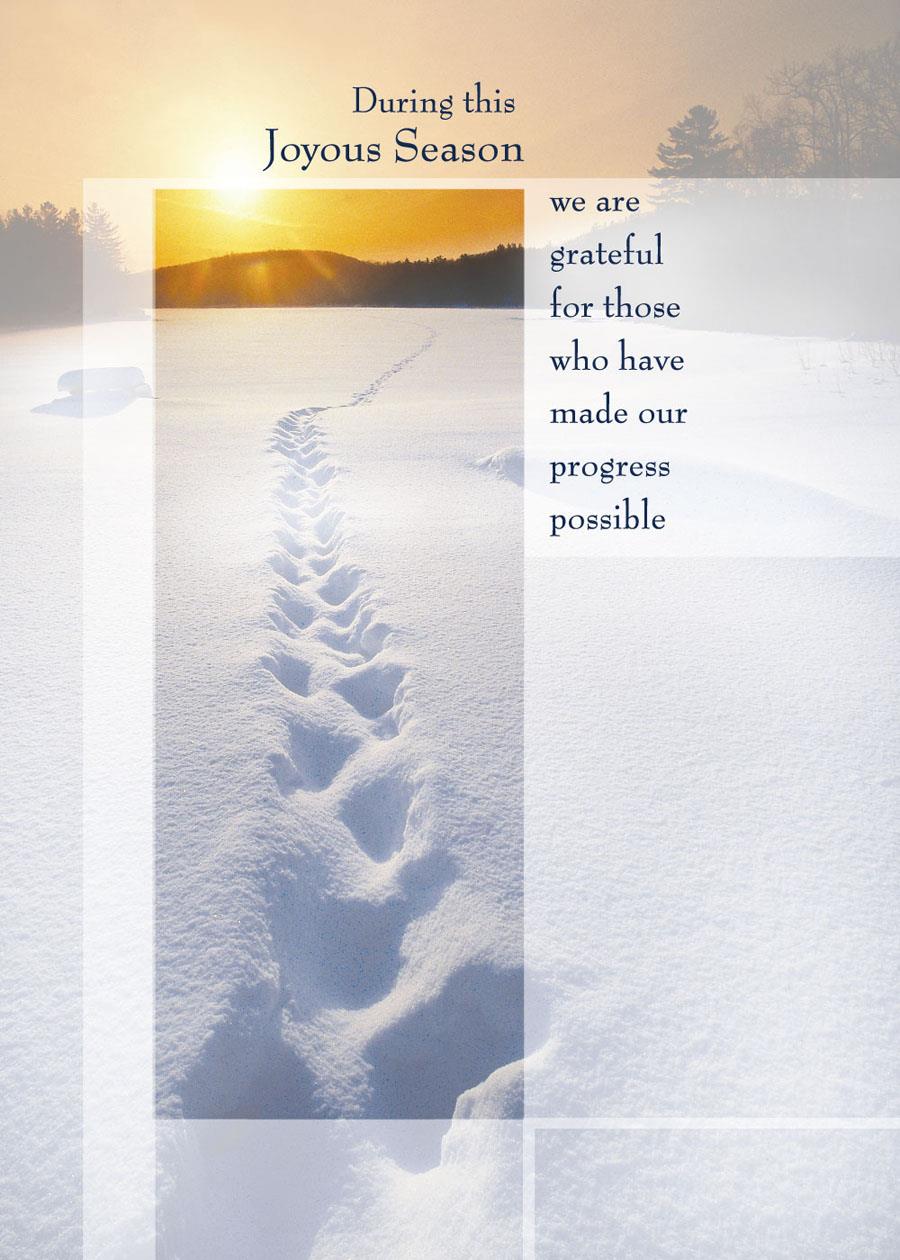 Holiday Greeting Cards - H7044. Greeting Cards with an Image of Footsteps in the Snow. Box Set Has 25 Greeting Cards and 26 White with Silver Foil Lined Envelopes.