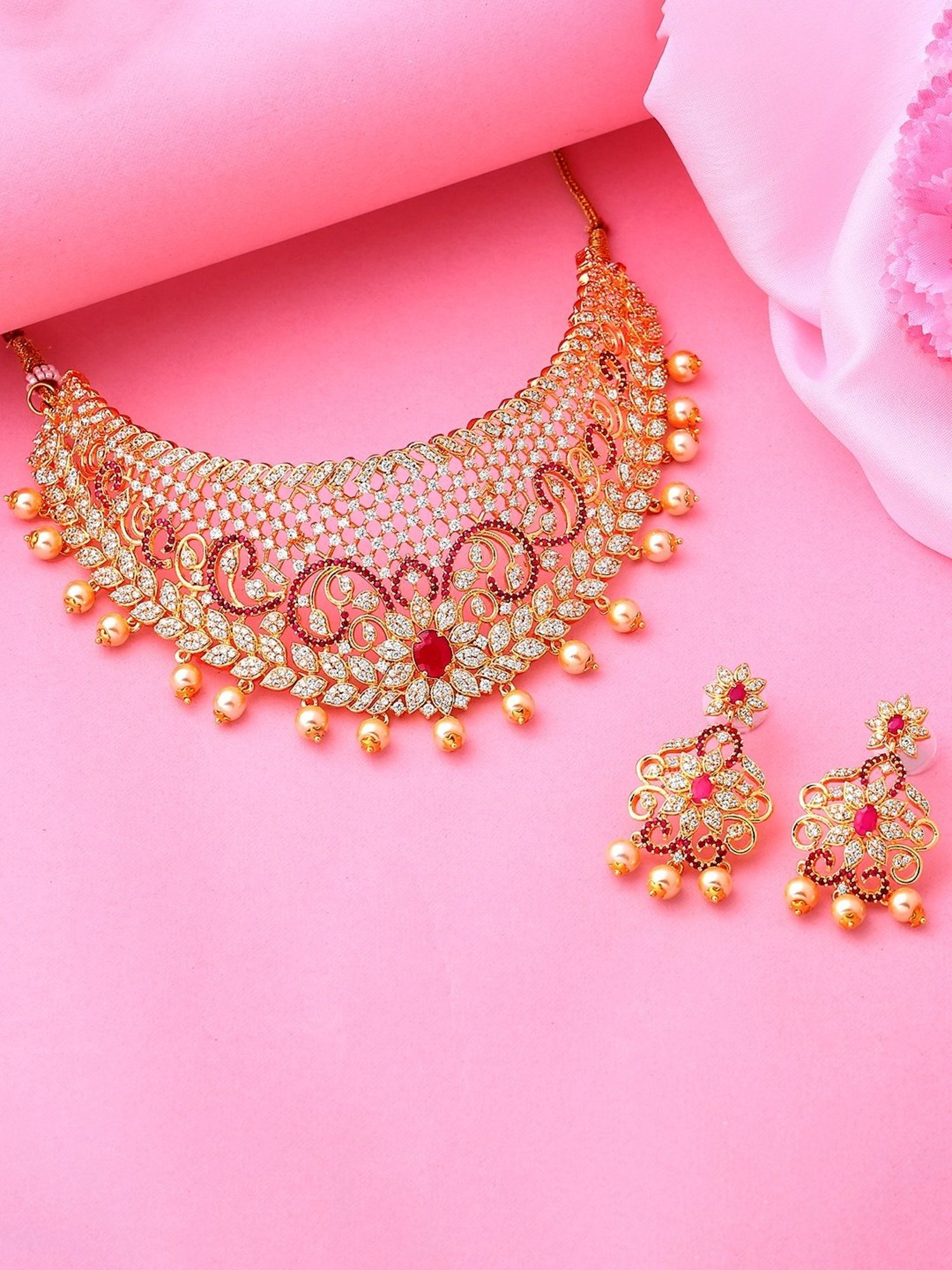 Estele Gold-Plated CZ Bridal Choker Necklace Set with Red Crystals & Pearls For Women